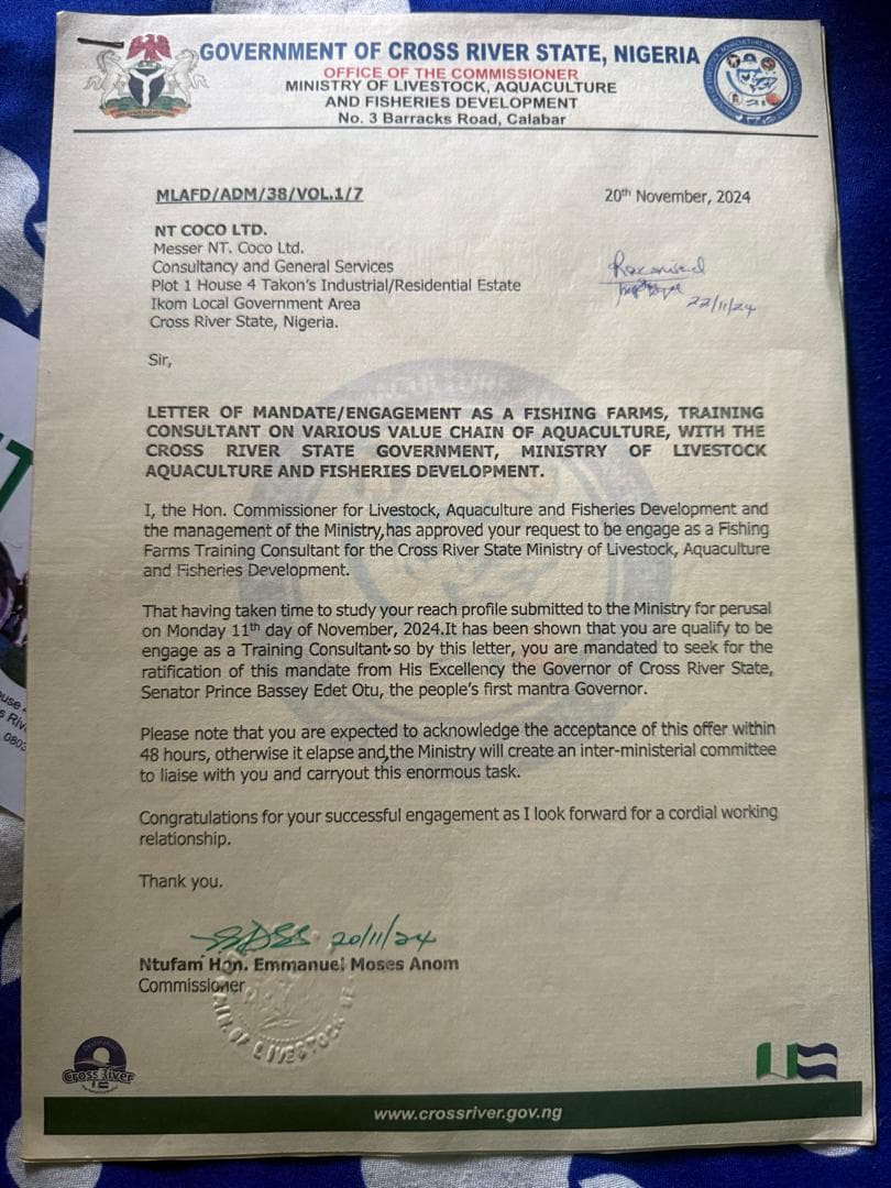 Letter of Mandate — Fisheries Training Consultant